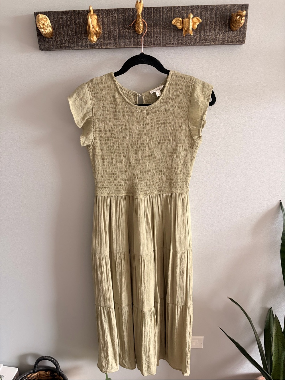 Blu Pepper Olive Smocked Bodice Tiered Midi Dress